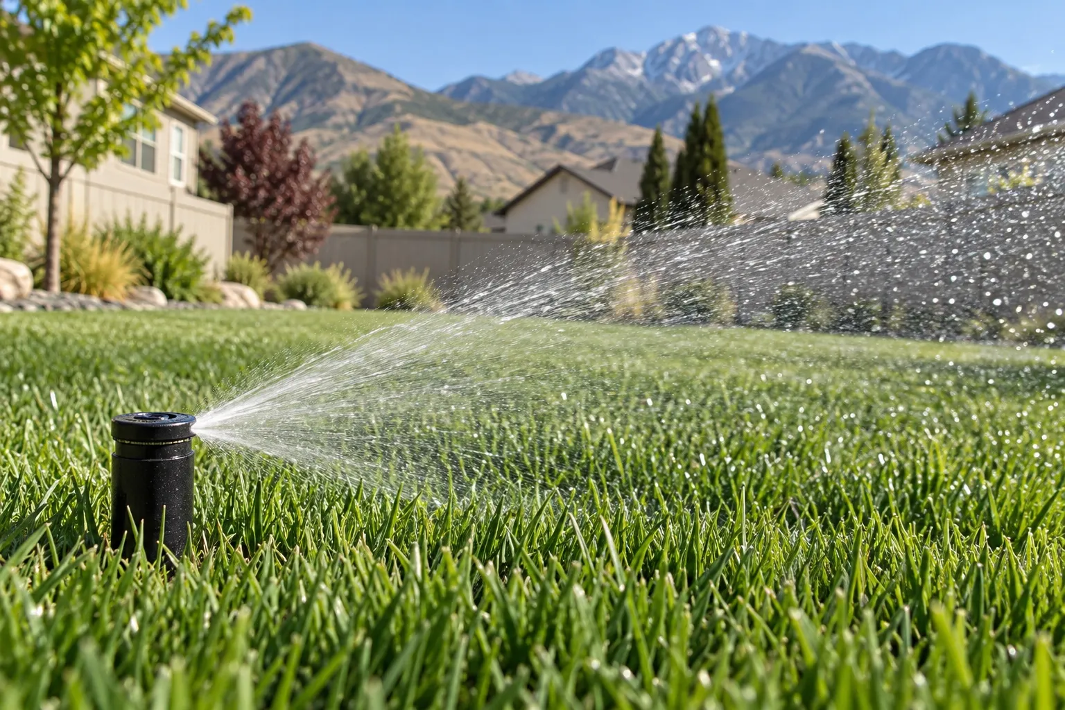 Illustration: a pop-up sprinkler head spraying water across a green lawn